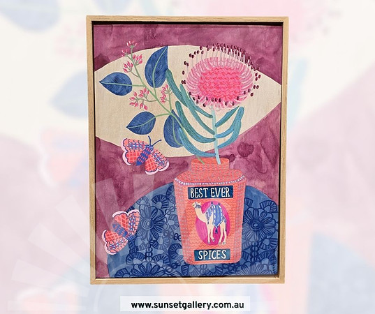 Fiona Solley artwork of a pink leucadendron in a Best Ever Spices tin with butterflies.