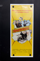 Knightriders Australian Daybill with armoured motorcyclists and character photographs inside a blue-outlined shield, striped lances and a red title on bright yellow.