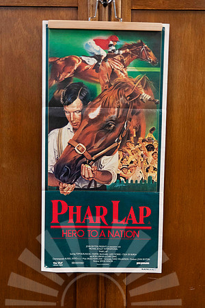 Original vintage Phar Lap Australian movie poster featuring racehorse and jockey artwork with bold red Phar Lap title.