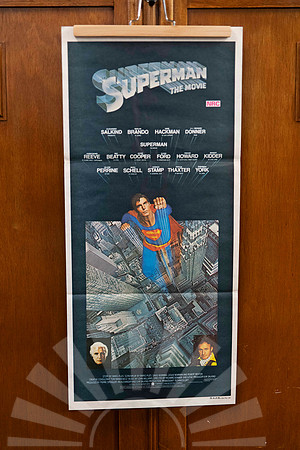 Original vintage Superman The Movie Australian movie poster featuring Christopher Reeve as Superman flying above city artwork.