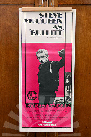 Original vintage Bullitt Australian movie poster featuring Steve McQueen portrait with pink black and white graphic design.