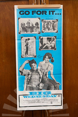Original vintage Big Wednesday Australian movie poster with turquoise design, surfing photographs and Go For It campaign artwork.