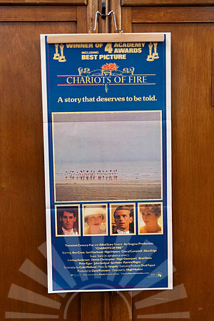 Original vintage Chariots of Fire Australian movie poster featuring blue running artwork and photographic film stills.